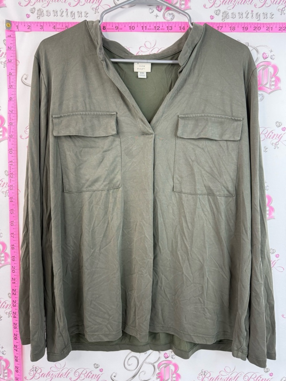 a new day long sleeve cargo style shirt grey Olive Green Utility V-Neck Blouse